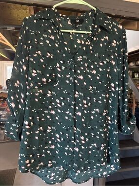 Iz Byer Dark Green Floral Blouse with Pink Accents